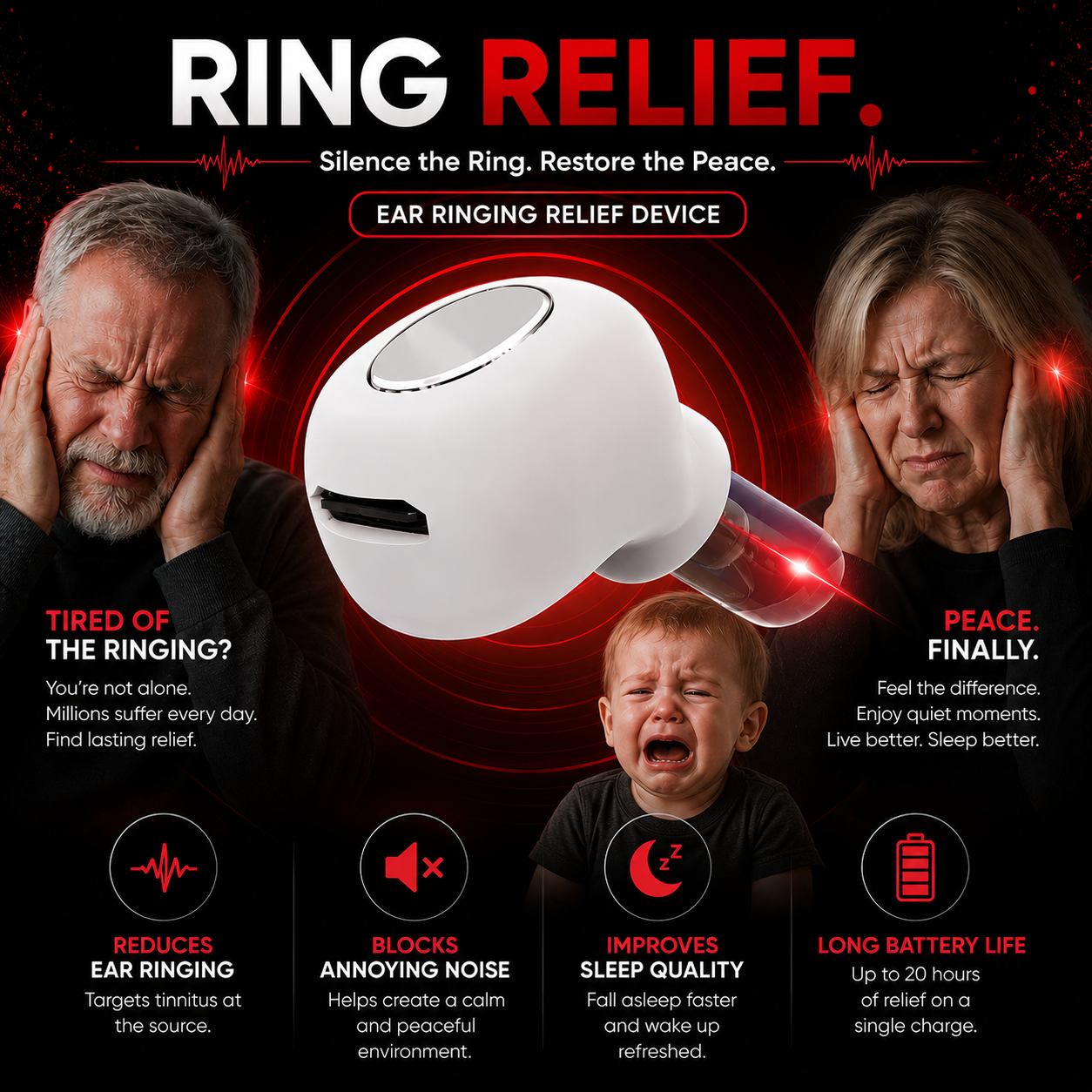 RING RELIEF™ - Ringing ear red light therapy device.